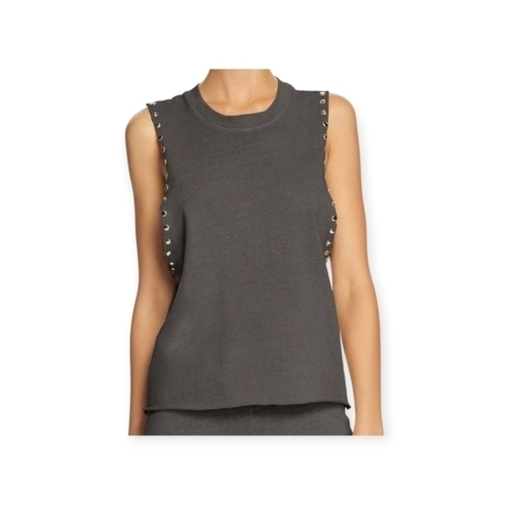 Monrow REVOLVE crew neck sleeveless raw edge drop armhole studded knit top‎ Med.